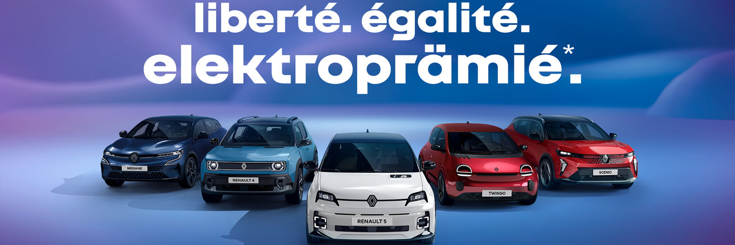 Liberté. Égalité. Elektroprämié. Sparen Sie nicht am Savoir-Vivre. Das Bild zeigt 5 Renault Kleinwagen in einer V Formation. Die Überschrift lautet: Liberté. Égalité. Elektroprämié. Sparen Sie nicht am Savoir-Vivre.