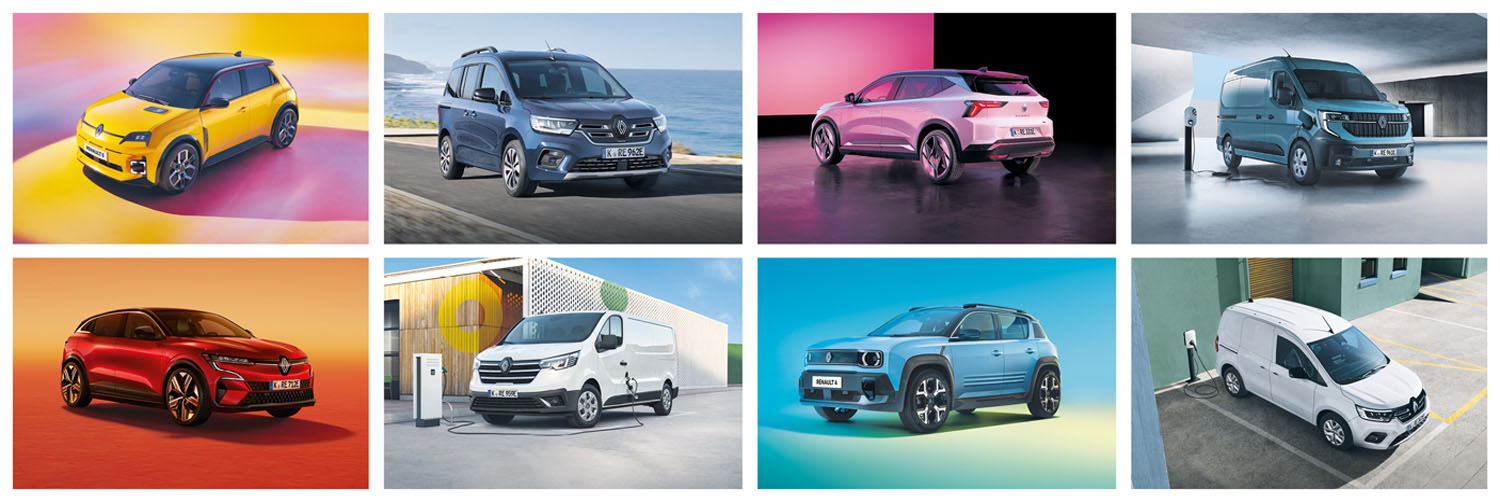 Renault Investitionsbooster Eine Auto-DIA-Präsentation mit acht unterschiedlichen Fahrzeugen, die an einen Filmstreifen erinnert. Gezeigt werden ein gelber Renault 5, ein blauer Kangoo, ein weißer Scenic, ein türkisener Master, ein roter Megane, ein weißer Trafic, ein hellblauer Renault 4 und ein weißer Kangoo Rapid. Die Hintergründe variieren jeweils und zeigen unterschiedliche Landschaften – von einer Straße am Meer über futuristische, farbige Szenerien bis hin zu modernen, umweltbewussten Gebäuden.