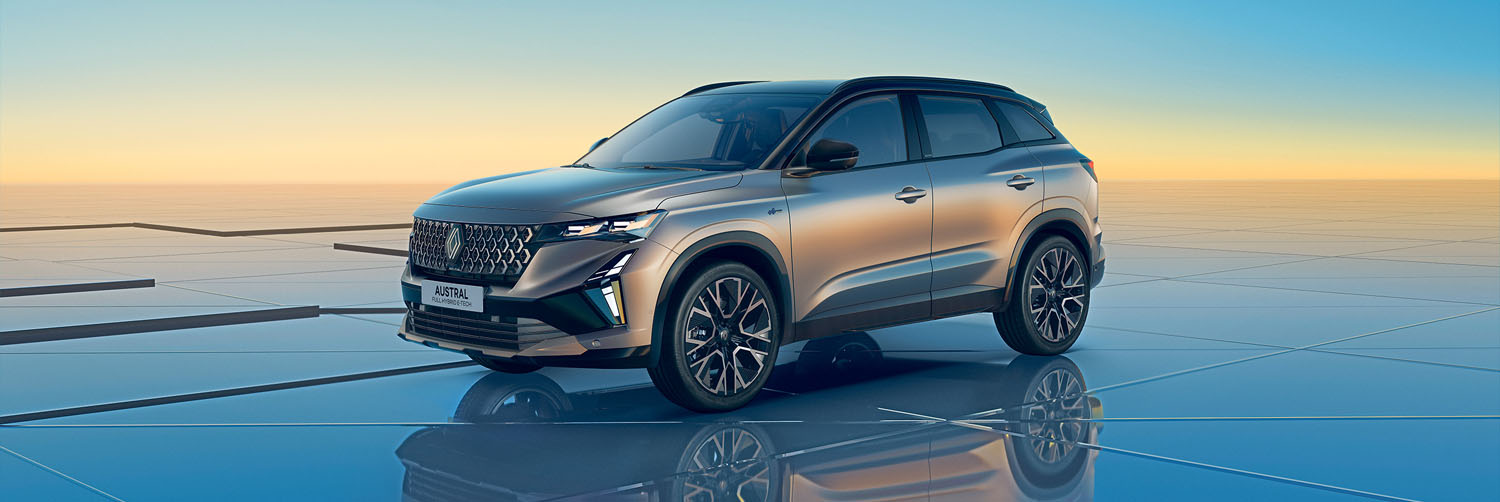 Jetzt Angebote entdecken und Raten geschenkt sichern Das Bild zeigt einen braun grauen modernen Renault Austral SUV in einer futuristischen Landschaft.